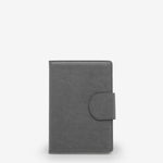journal, ruled, cream, hard cover, grey, pu / synthetic, ribbon (1), lay-flat, 5.5" x 8.125"