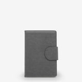journal, ruled, cream, hard cover, grey, pu / synthetic, ribbon (1), lay-flat, 5.5" x 8.125"