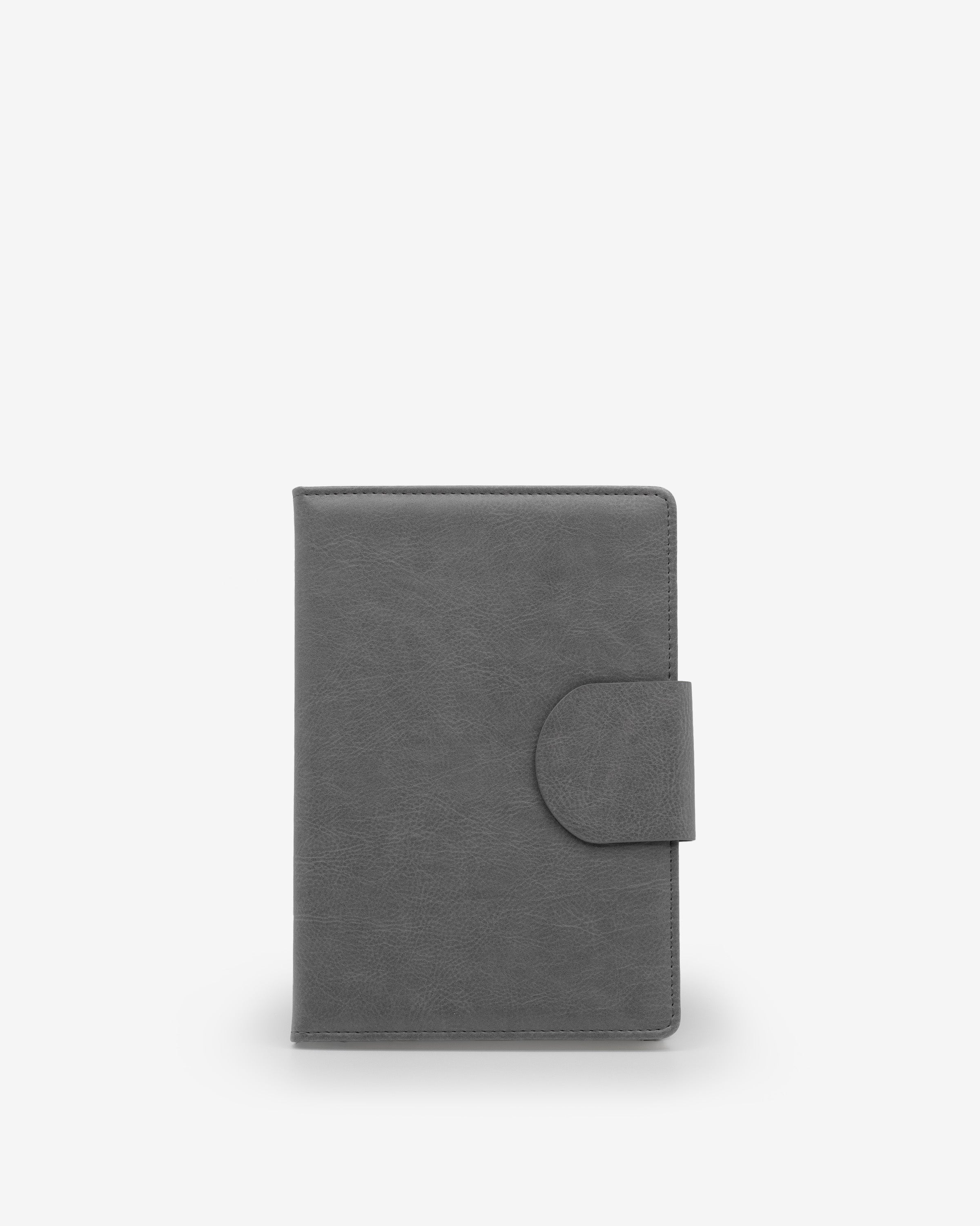 journal, ruled, cream, hard cover, grey, pu / synthetic, ribbon (1), lay-flat, 5.5" x 8.125"