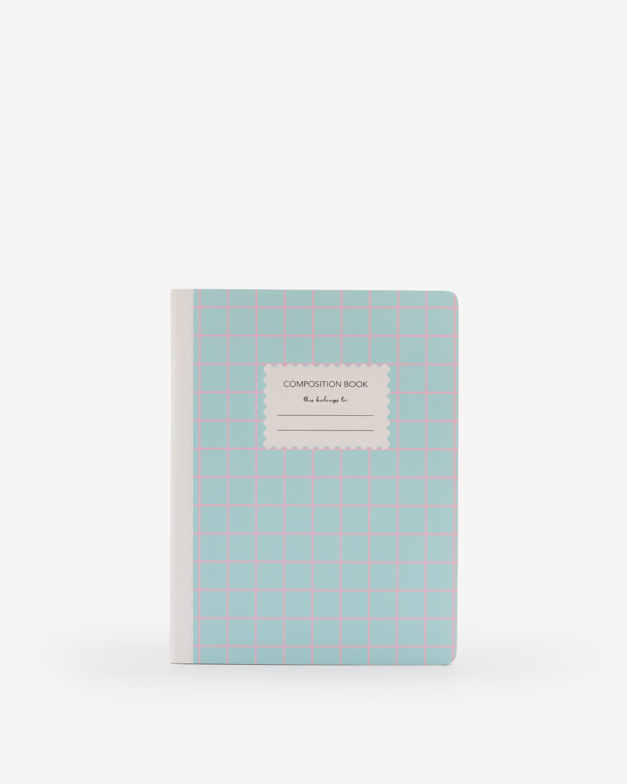 notebook, ruled, white, soft cover, blue, paper, saddle stitch, 7.25" x 10"