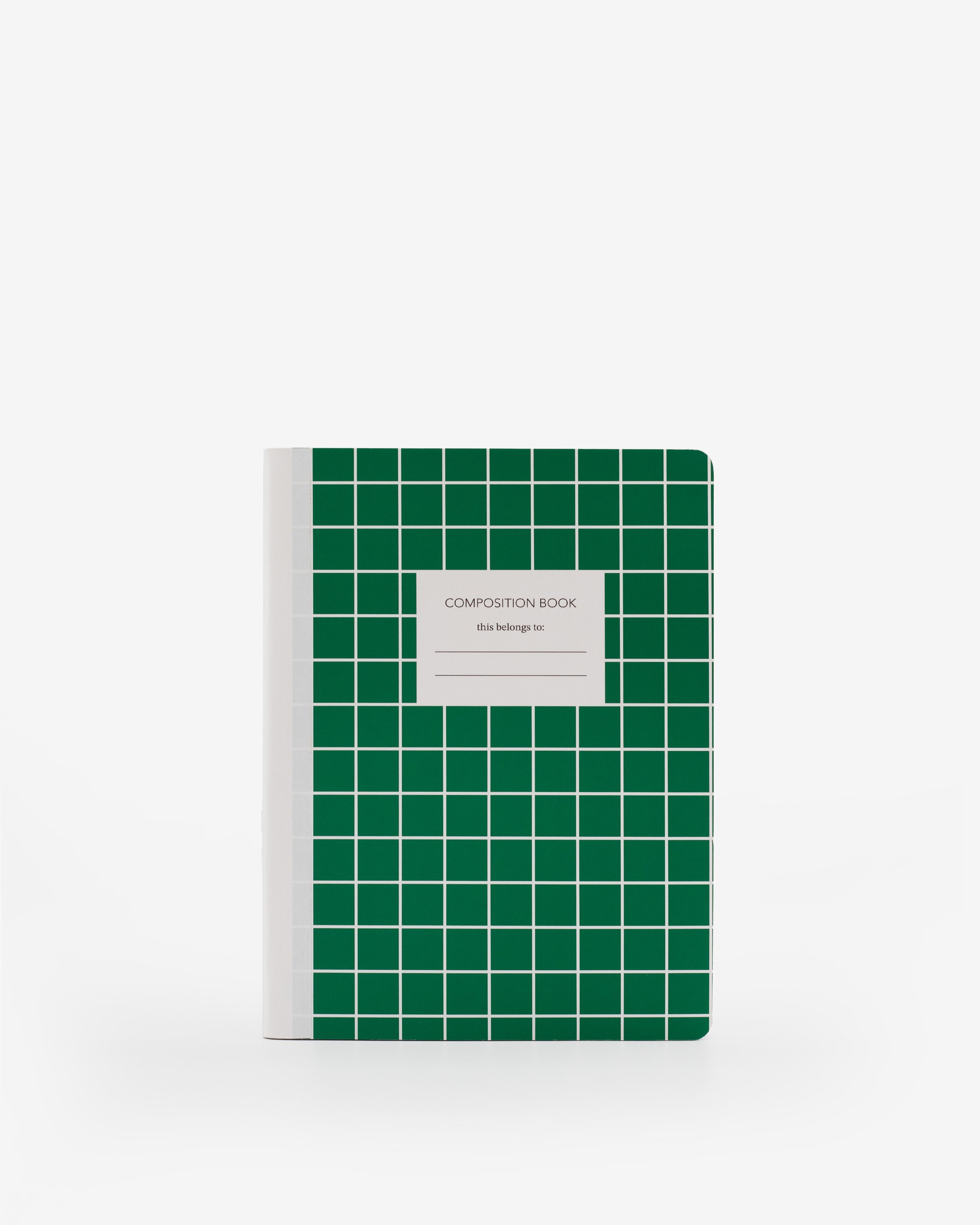 notebook, ruled, white, soft cover, green, paper, saddle stitch, 7.25" x 10"