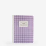 notebook, ruled, white, soft cover, purple, paper, saddle stitch, 7.25" x 10"