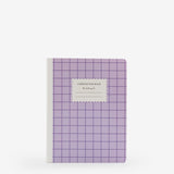 notebook, ruled, white, soft cover, purple, paper, saddle stitch, 7.25" x 10"