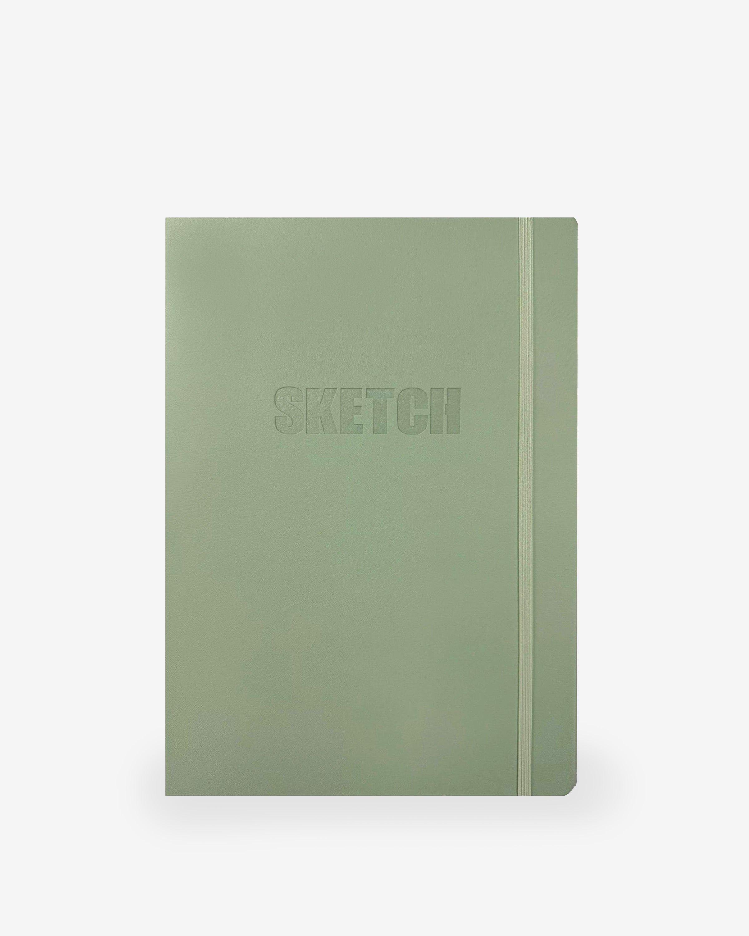sketchbook, plain, ivory, hard cover, green, pu / synthetic, lay-flat, 7.25" x 10"